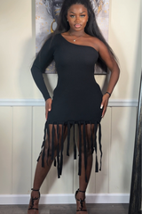 Ribbed Knit Fringe Dress-Black